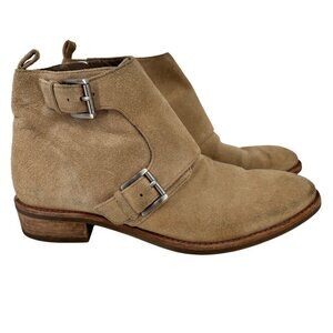 Michael Kors Suede Ankle Boots Size 6.5 Tan Leather Side Zip Block Heel Bootie